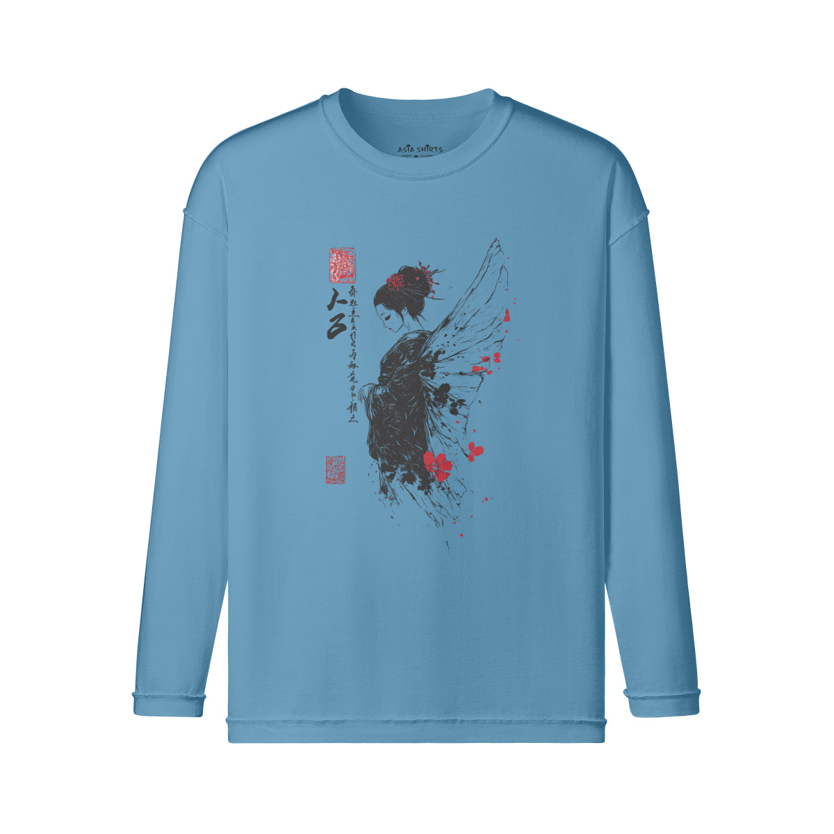 Vintage Langarmshirt im Streetwear look mit Geisha Engel print-ASIA-Shirts