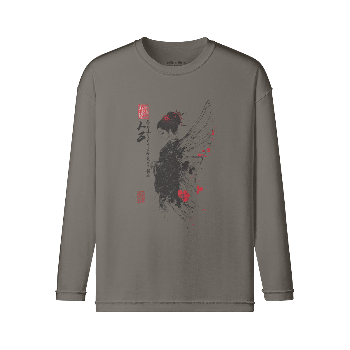 Vintage Langarmshirt im Streetwear look mit Geisha Engel print-ASIA-Shirts