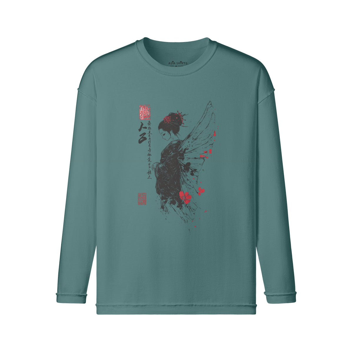 Vintage Langarmshirt im Streetwear look mit Geisha Engel print-ASIA-Shirts