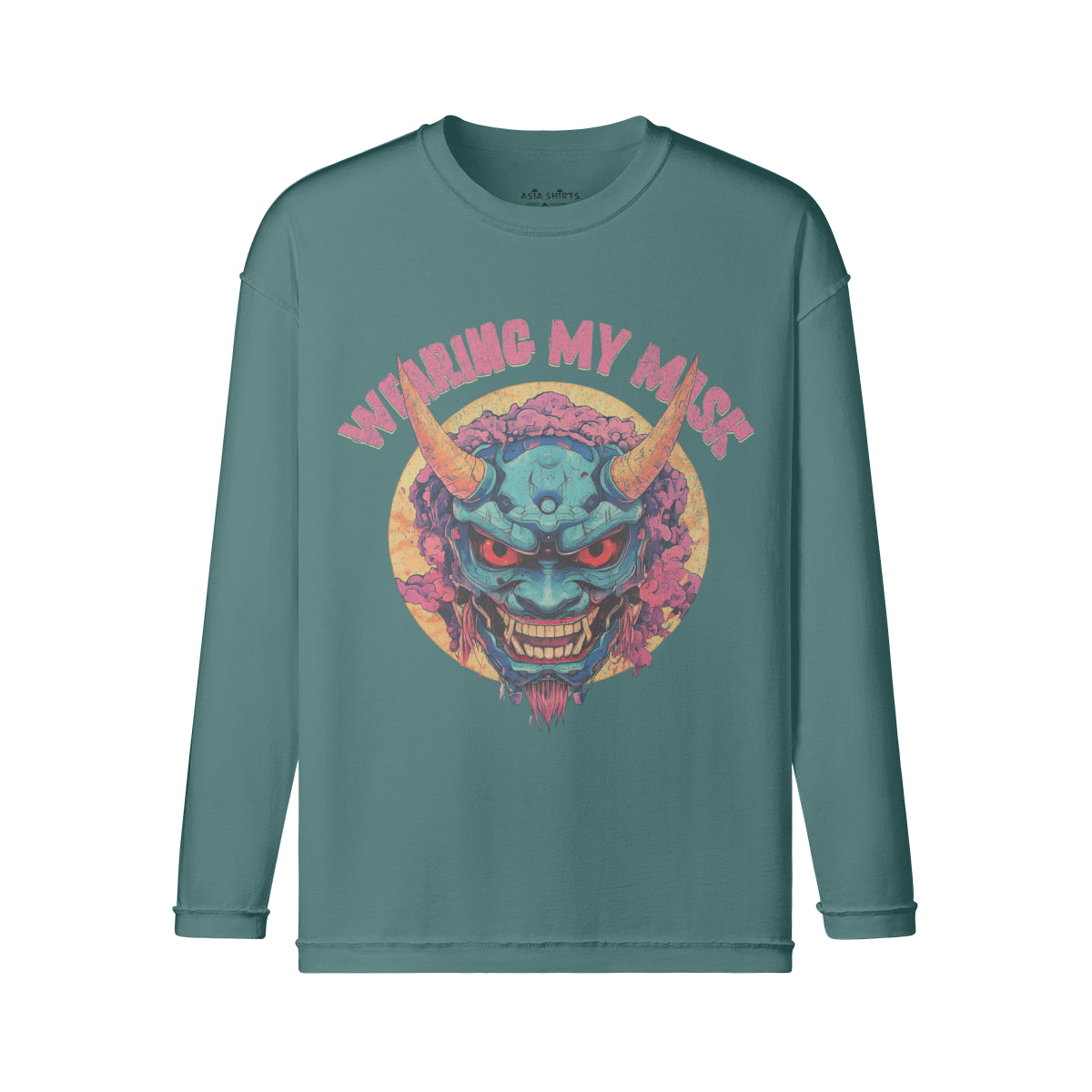 Vintage Langarmshirt im Streetwear look mit Japan Oni Mask print "Wearing my Mask"-ASIA-Shirts
