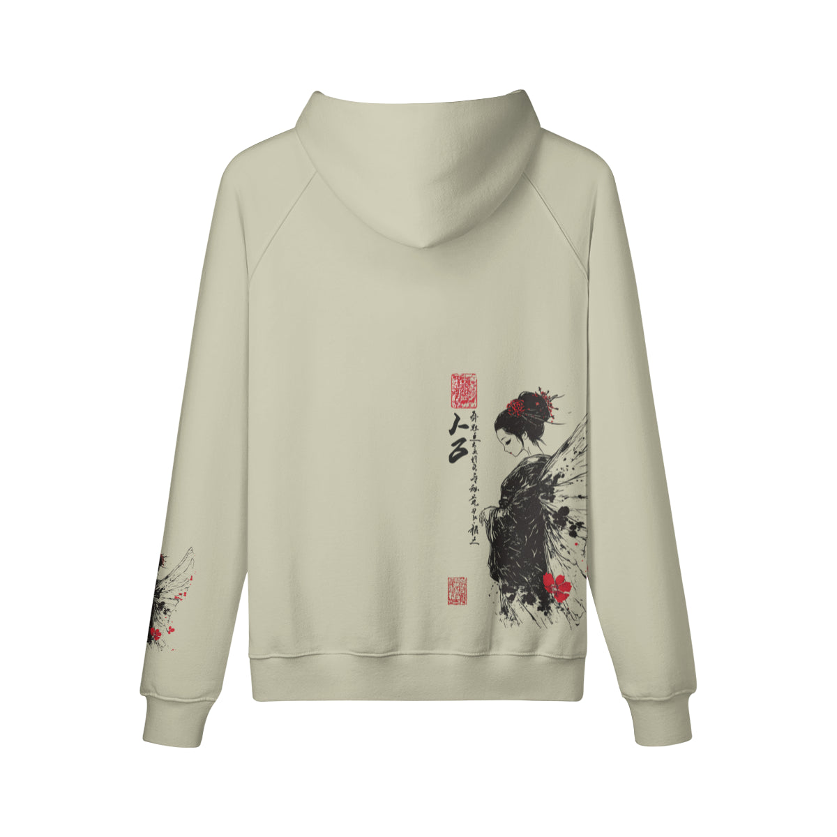 Kuscheliger Hoodie mit tollem Geisha Engel vorder - rückseite - ärmel print – weiss – Japan Art – Ansicht 8