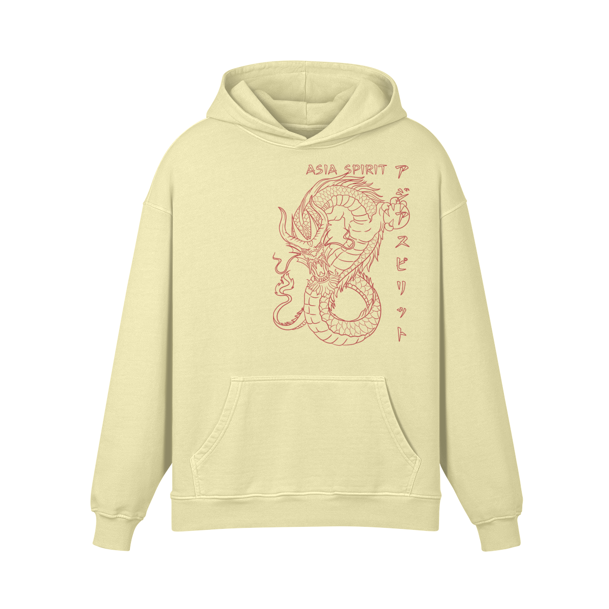 A beige oversized retro hoodie from PODpartner, named Asia Spirit Drache, features a red graphic of an intricate dragon design along with the words "Asia Spirit Drache" and Japanese characters on the front.