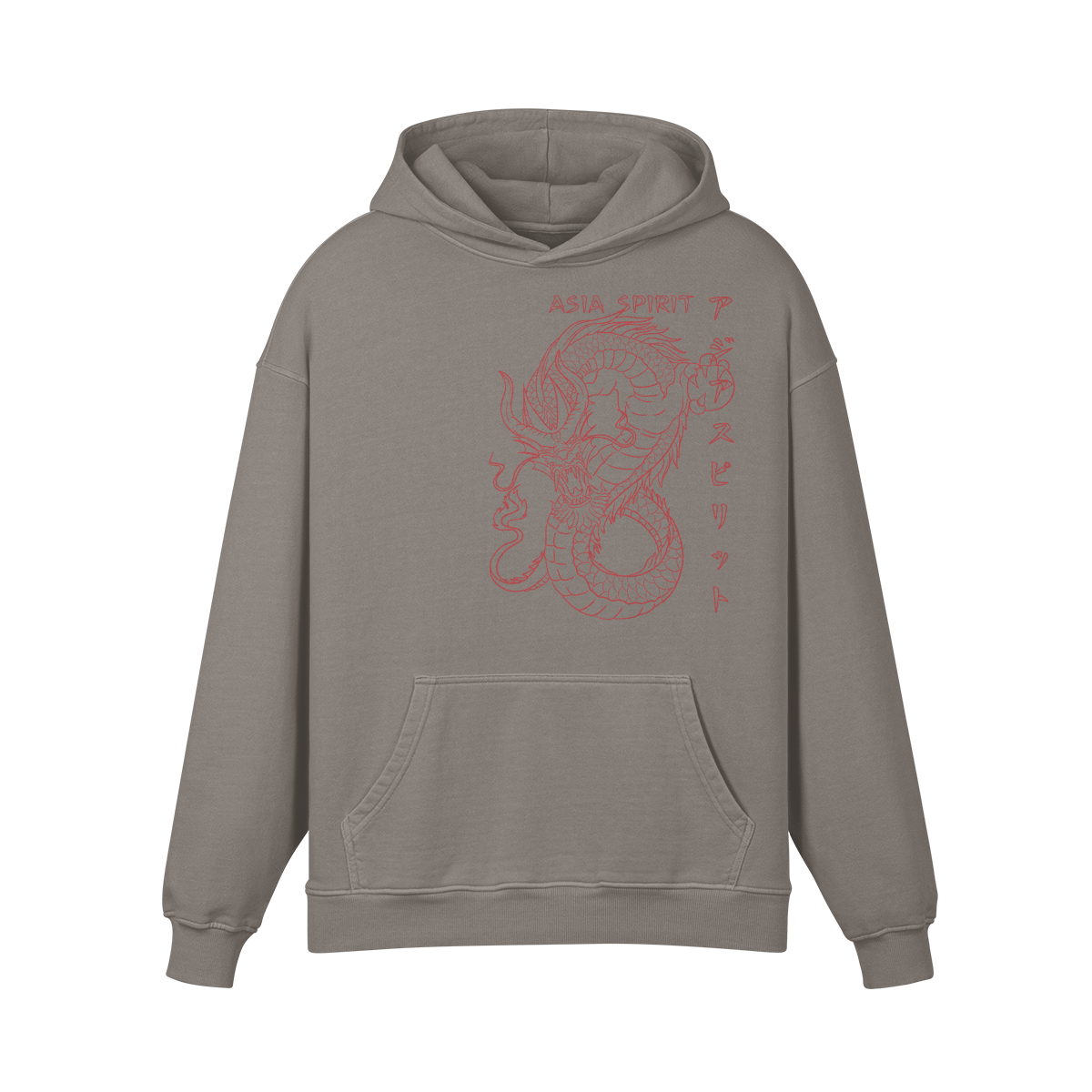 The Asia Spirit Drache Japan Design Retro Hoodie Oversized by PODpartner is an oversized pullover featuring a gray hoodie adorned with a red dragon and the words "Asia Spirit Drache" in both English and Japanese characters. It is designed for added comfort with a front pocket and a drawstring hood.