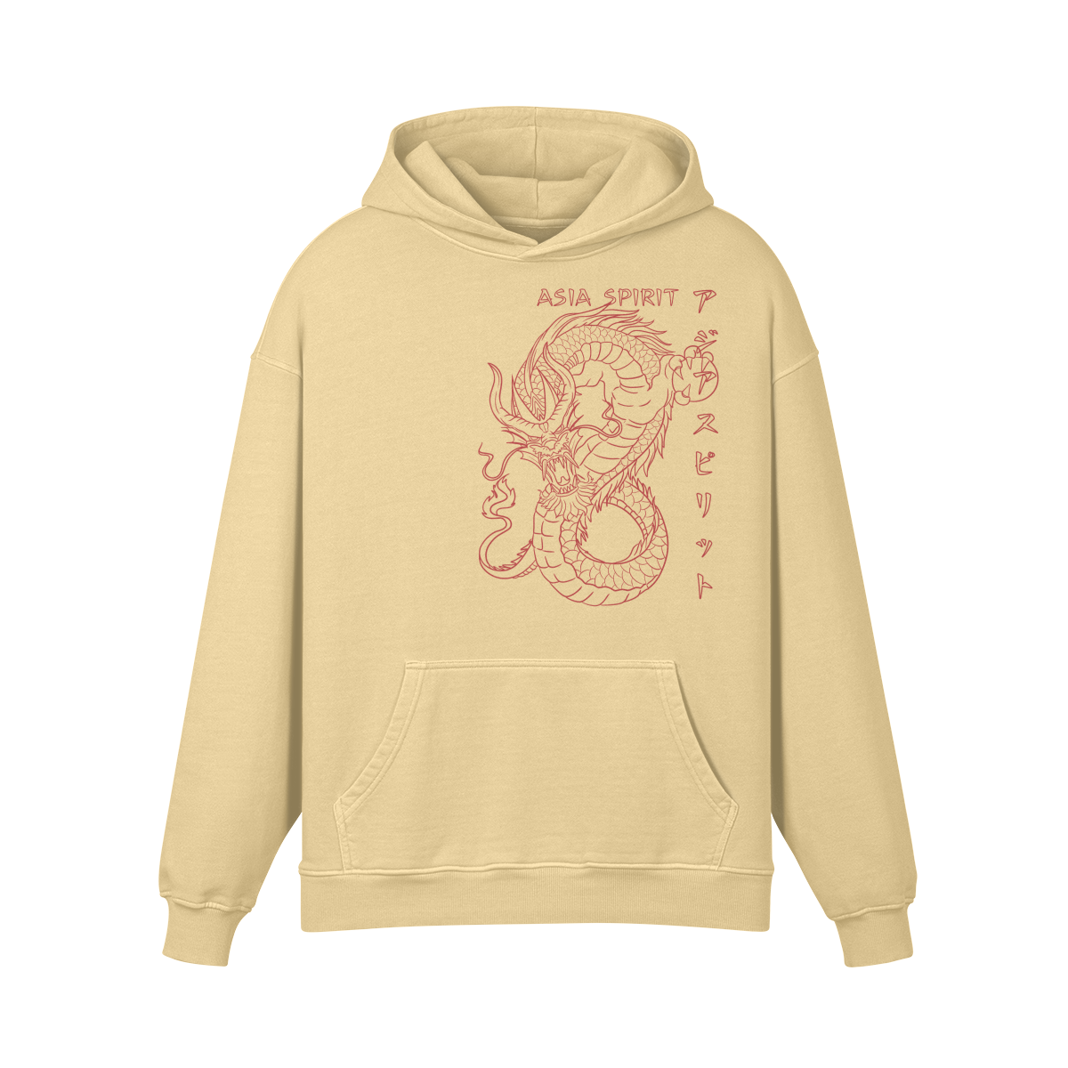 The Asia Spirit Drache Japan Design Retro Hoodie Oversized by PODpartner features a beige hue and retro design, with a red line art dragon accompanied by the words 'Asia Spirit Drache' and Japanese characters. It ensures cozy comfort with its front pocket and drawstring hood.