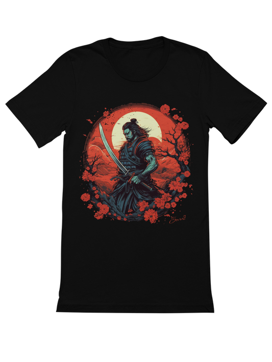 Samurai in Ruestung, Katana und Kirschblueten Japan Bio T-Shirt 1001