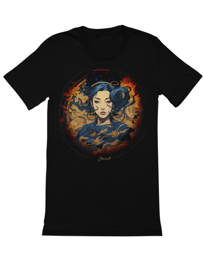 Blauhaarige Geisha mit goldenen Blätter Japan Bio T-Shirt 1020