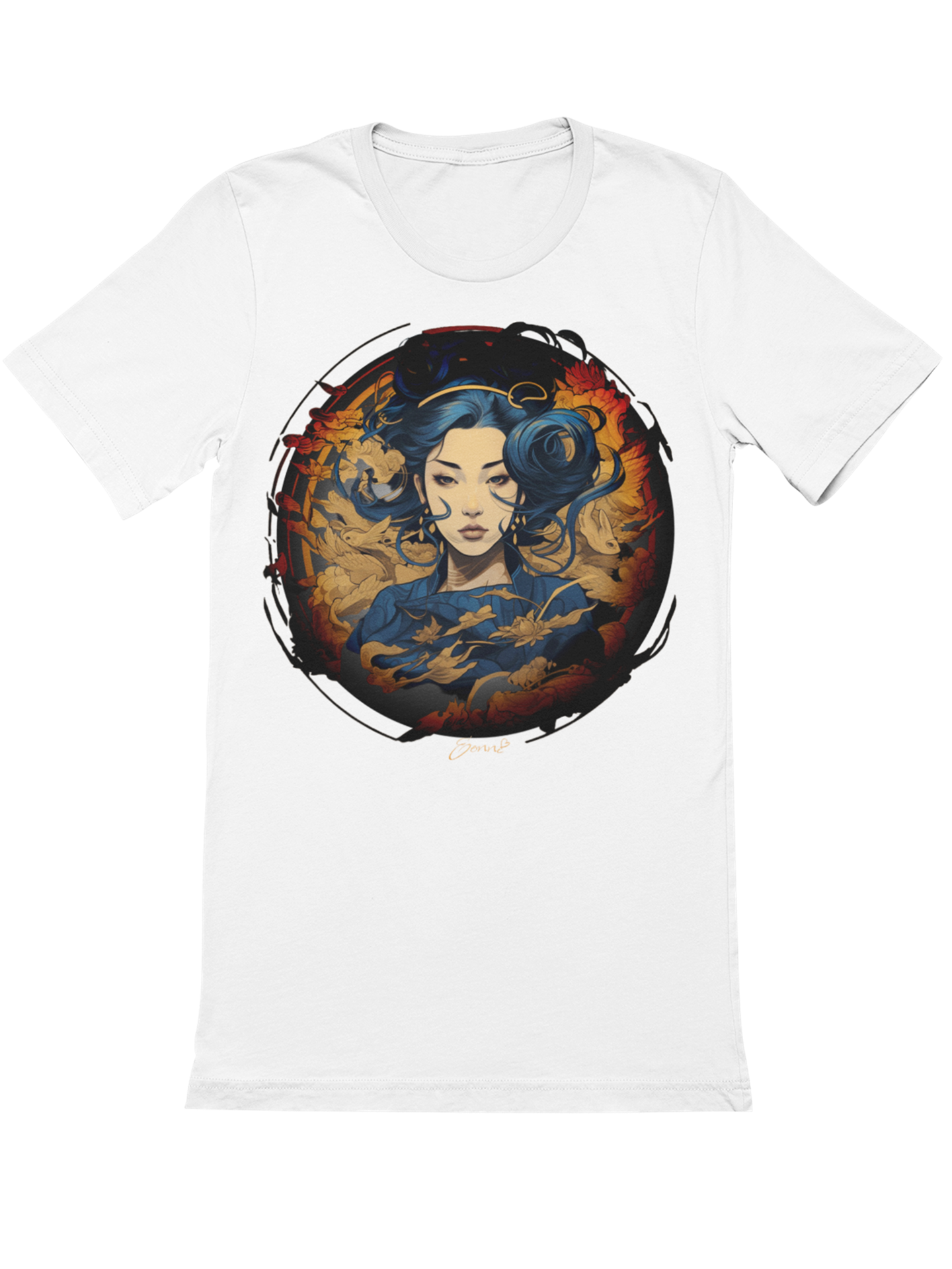 Blauhaarige Geisha mit goldenen Blätter Japan Bio T-Shirt 1020