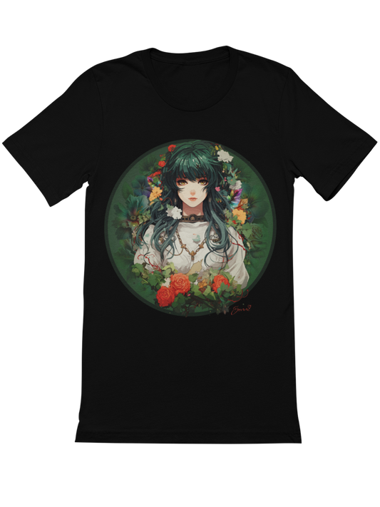 Anime Girl mit gruenen Haaren und Blumen Manga Bio T-Shirt 1034