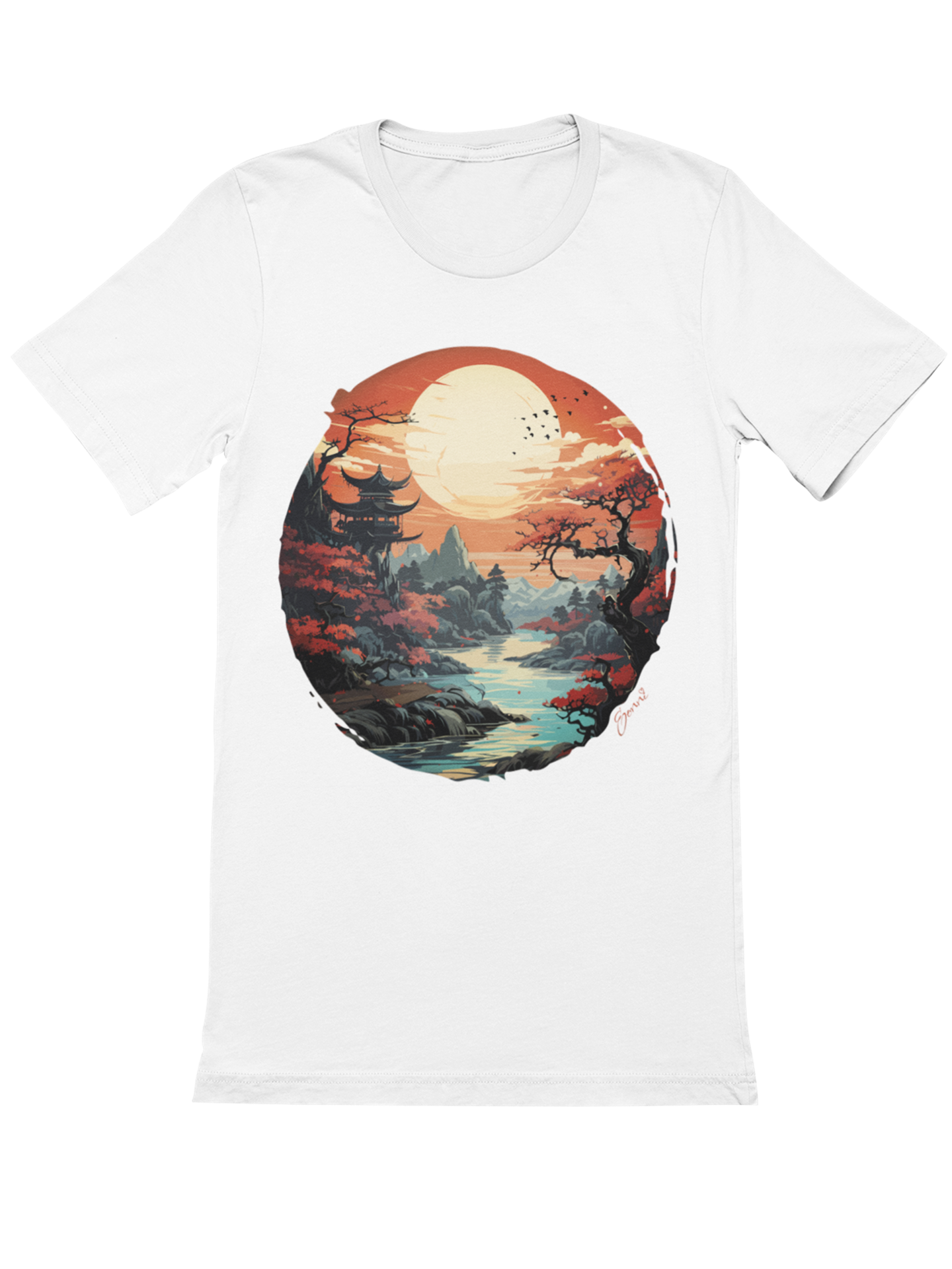 Tempel am Fluss im Sonnenuntergang Japan Bio T-Shirt 1051