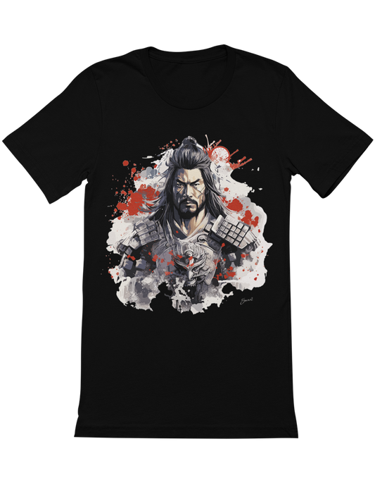 Samurai in Ruestung mit Narben in weiß und rot Japan Bio T-Shirt 1056