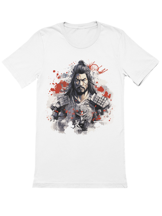 Samurai in Ruestung mit Narben in weiß und rot Japan Bio T-Shirt 1056