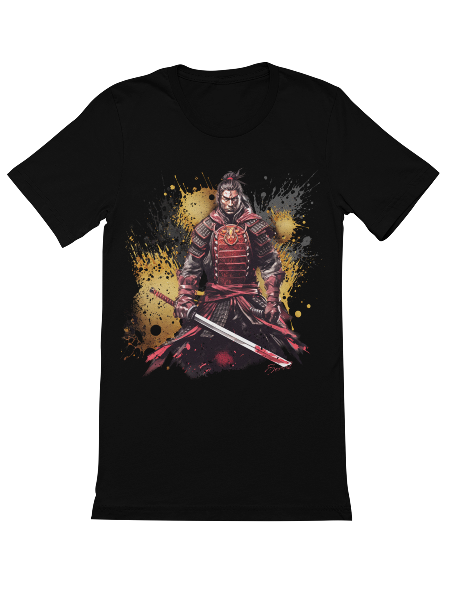 Samurai in roter Ruestung mit blutigem Katana auf Gold Japan Bio T-Shirt 1057