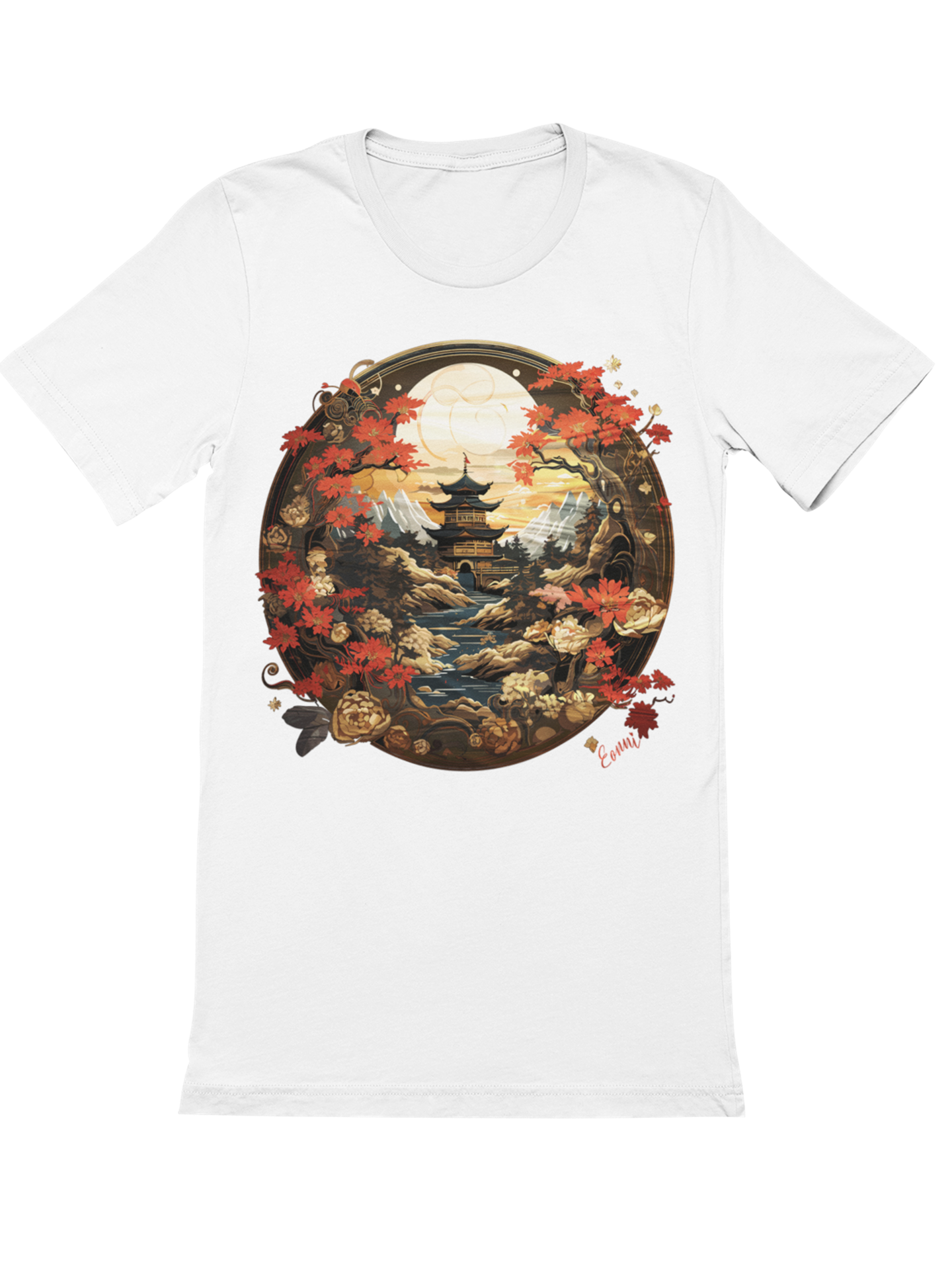 Tempel am Fluss in Bergen vor Sonnenuntergang Japan Bio T-Shirt 1065