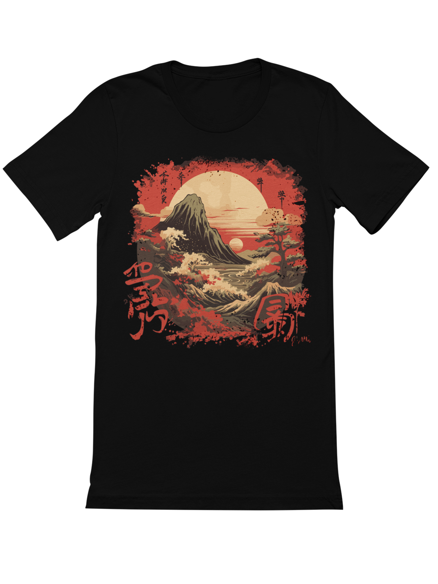 Mount Fuji mit Kanji Schrift und roter Umrahmung Japan Bio T-Shirt 1076
