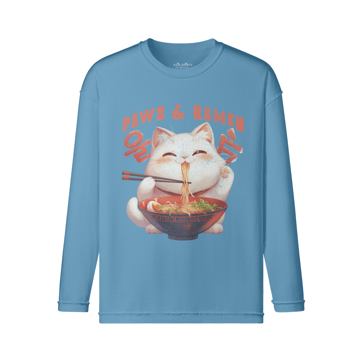 Vintage Langarmshirt im Streetwear look mit Cute Cat print "Paws and Ramen"-ASIA-Shirts