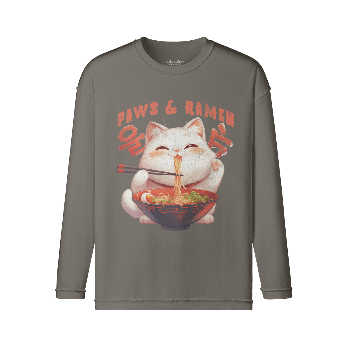 Vintage Langarmshirt im Streetwear look mit Cute Cat print "Paws and Ramen"-ASIA-Shirts