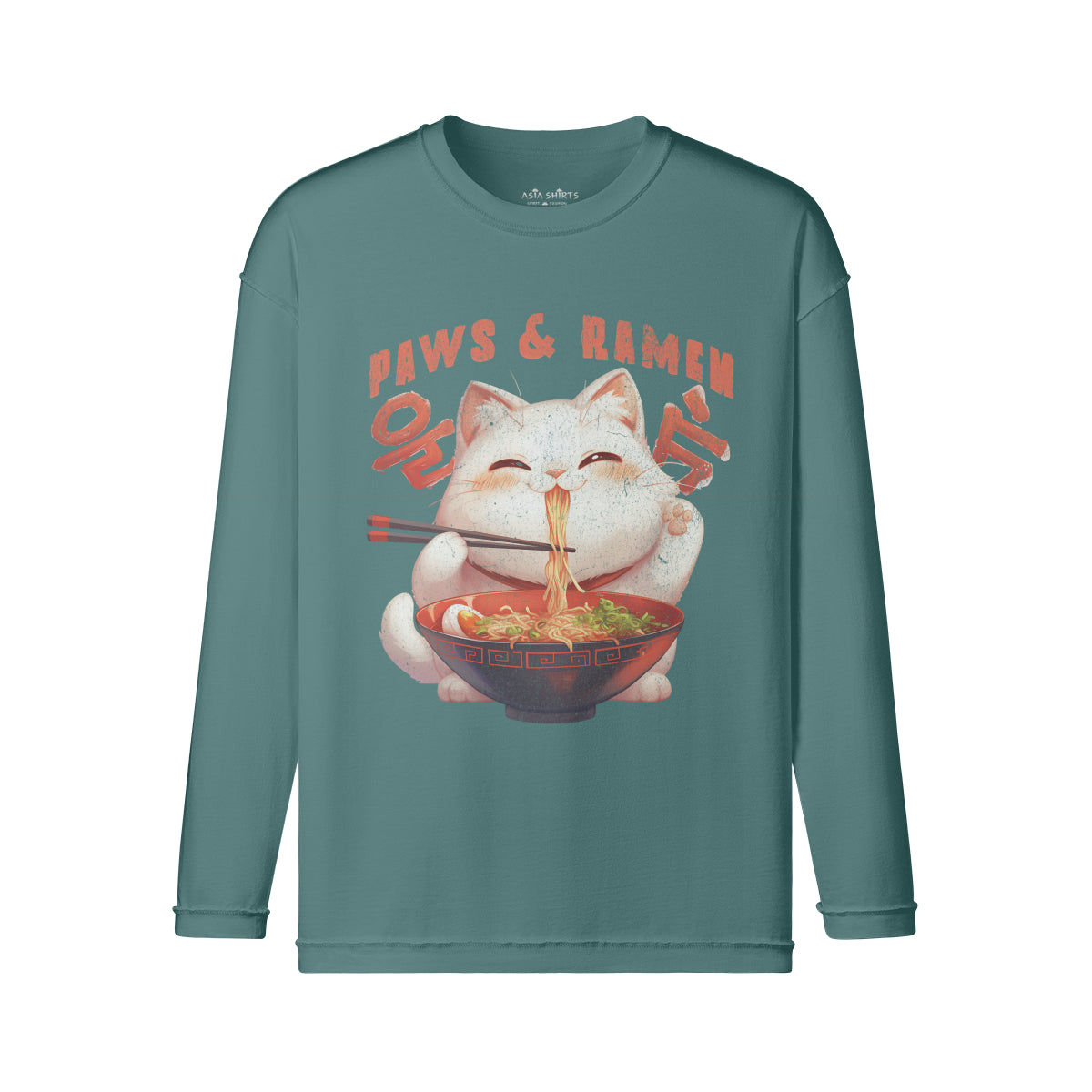 Vintage Langarmshirt im Streetwear look mit Cute Cat print "Paws and Ramen"-ASIA-Shirts