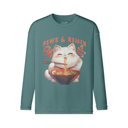 Vintage Langarmshirt im Streetwear look mit Cute Cat print "Paws and Ramen"-ASIA-Shirts