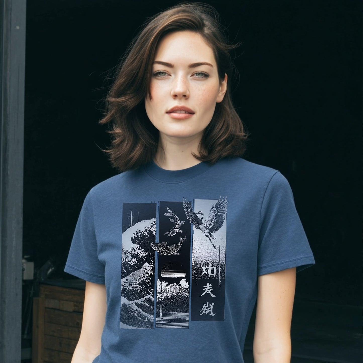 Koi & Crane Dark - Edition T-Shirt – Indigo Blue – Japan Art – Ansicht 1