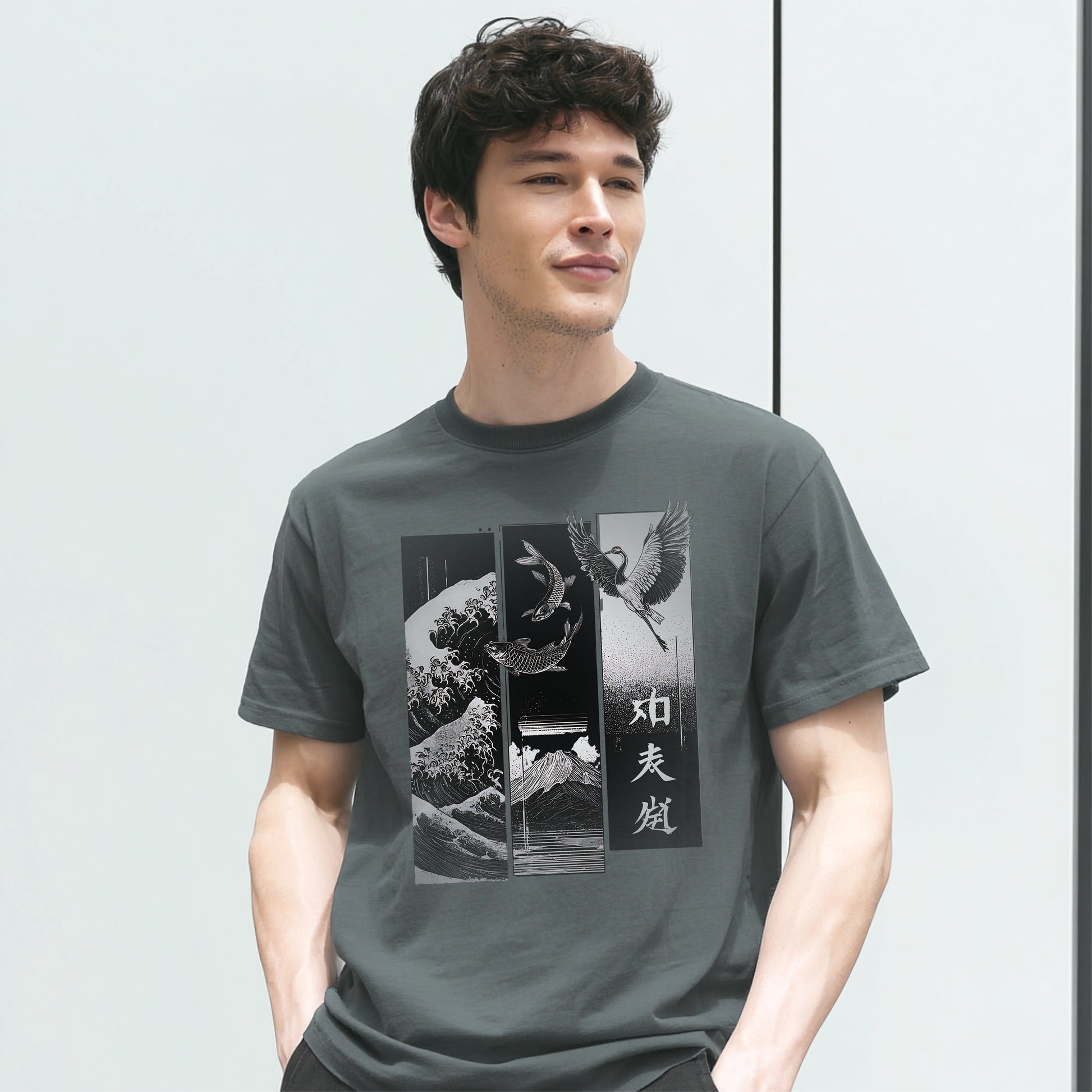 Koi & Crane Dark - Edition T-Shirt – Indigo Blue – Japan Art – Ansicht 4