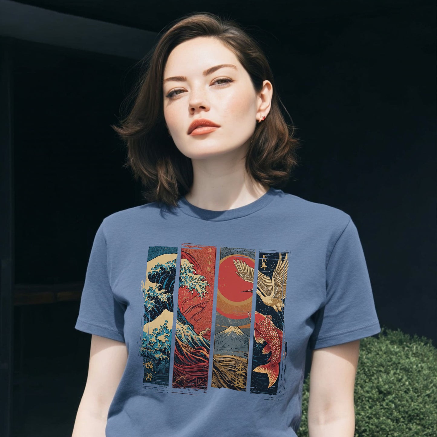 Koi & Crane – Red Sun Edition T-Shirt – Indigo Blue – Japan Art – Ansicht 2