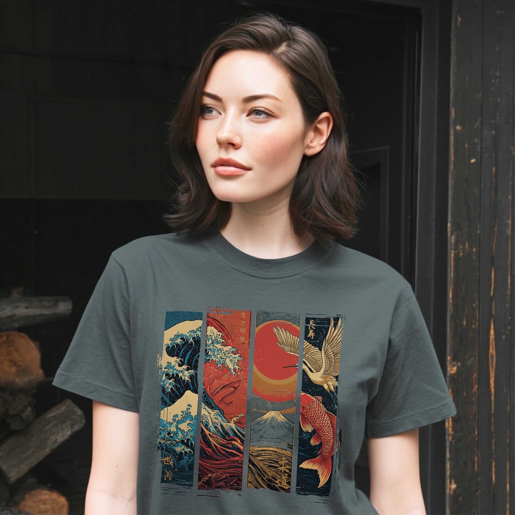 Koi & Crane – Red Sun Edition T-Shirt – Indigo Blue – Japan Art – Ansicht 5