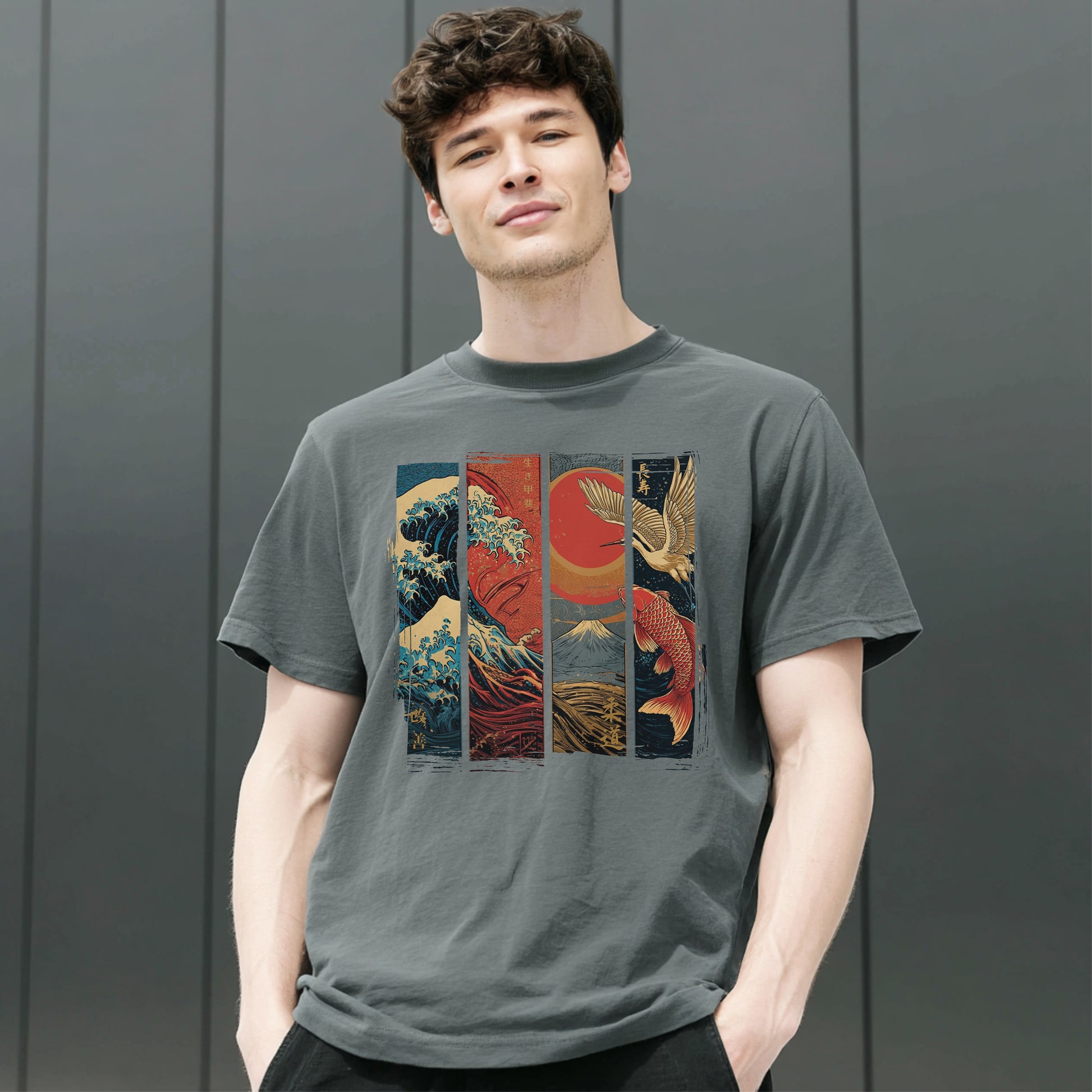 Koi & Crane – Red Sun Edition T-Shirt – Indigo Blue – Japan Art – Ansicht 4