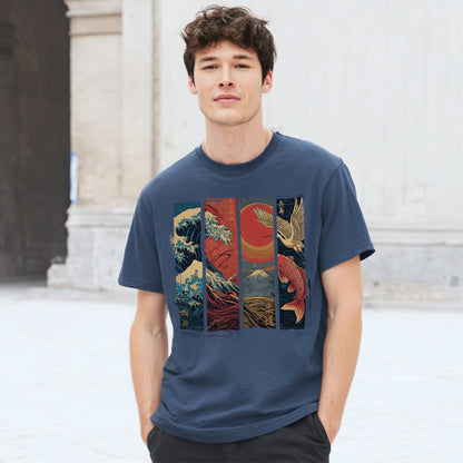 Koi & Crane – Red Sun Edition T-Shirt – Indigo Blue – Japan Art – Ansicht 1