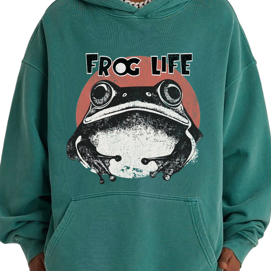 Frosch Print Hoodie - Frog life Oversized Retro Hoodie, Retro Frog Hoodie Vintage Design