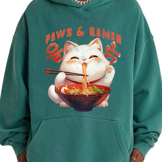 Katzen Ramen Hoodie PAWS and RAMEN Oversized Retro Hoodie, Vintage Cat Hoodie "Paws and Ramen"