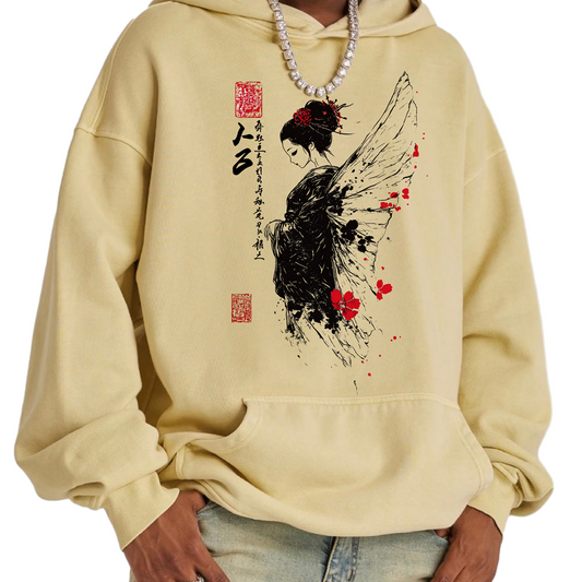 Geisha Engel Oversized Retro Hoodie, Vintage Geisha Hoodie Japan Kunst