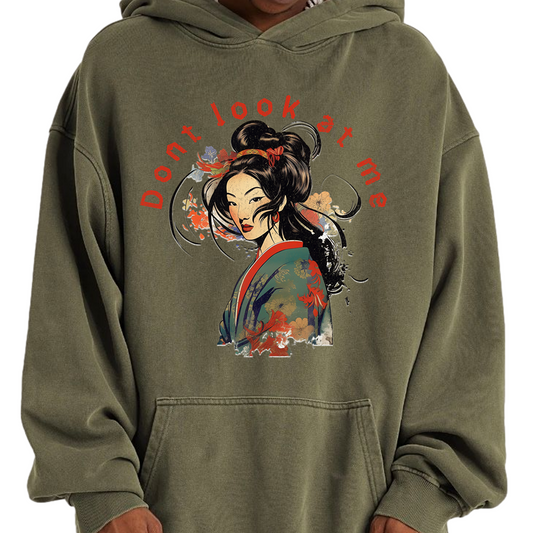 Geisha Japan Design  Oversized Retro Hoodie, Vintage Geisha Hoodie Japan Kunst