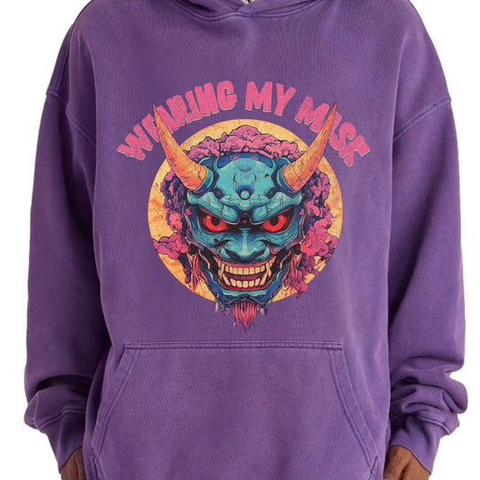 ONI Mask Japan Style Wearing my Mask Oversized Retro Hoodie, Vintage Oni Mask Hoodie