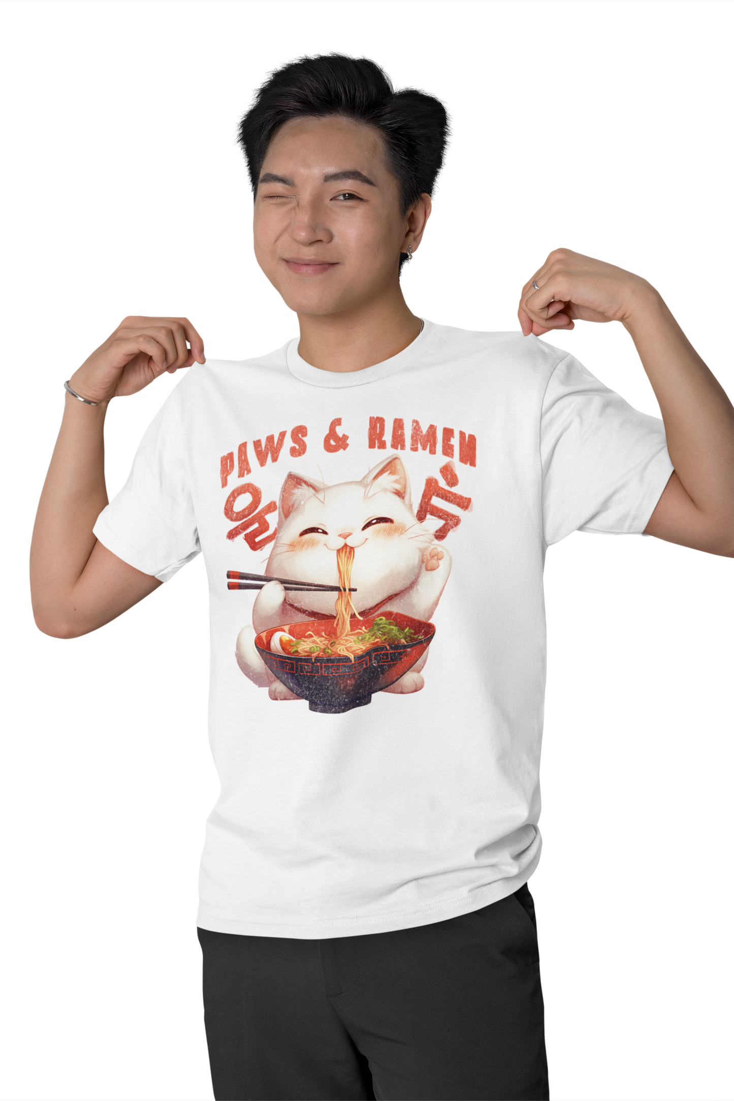 Retro Cats Paws and Ramen T-Shirt / Paws and Ramen Retro Shirt Design / Classic Fit - Crew Neck T-Shirt