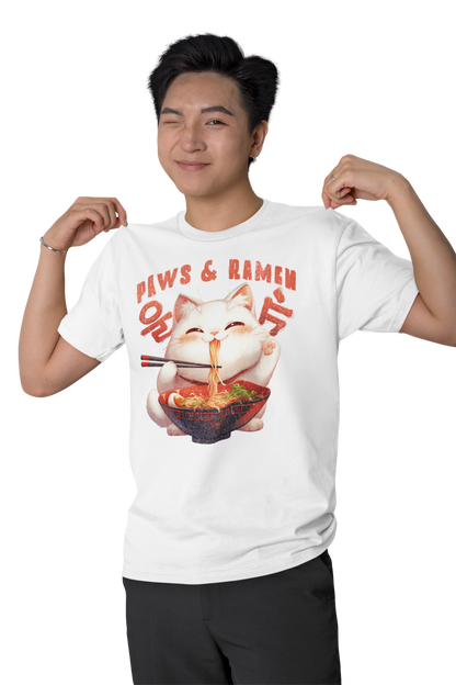 Retro Cats Paws and Ramen T-Shirt / Paws and Ramen Retro Shirt Design / Classic Fit - Crew Neck T-Shirt