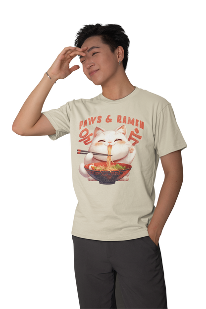 Retro Cats Paws and Ramen T-Shirt / Paws and Ramen Retro Shirt Design / Classic Fit - Crew Neck T-Shirt