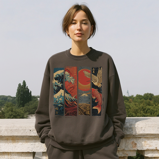 Red Sun Edition – Oversized Sweatshirt „Welle, Fuji, Kranich & Koi“ – White – Japan Art – Ansicht 1 ASIA-Shirts
