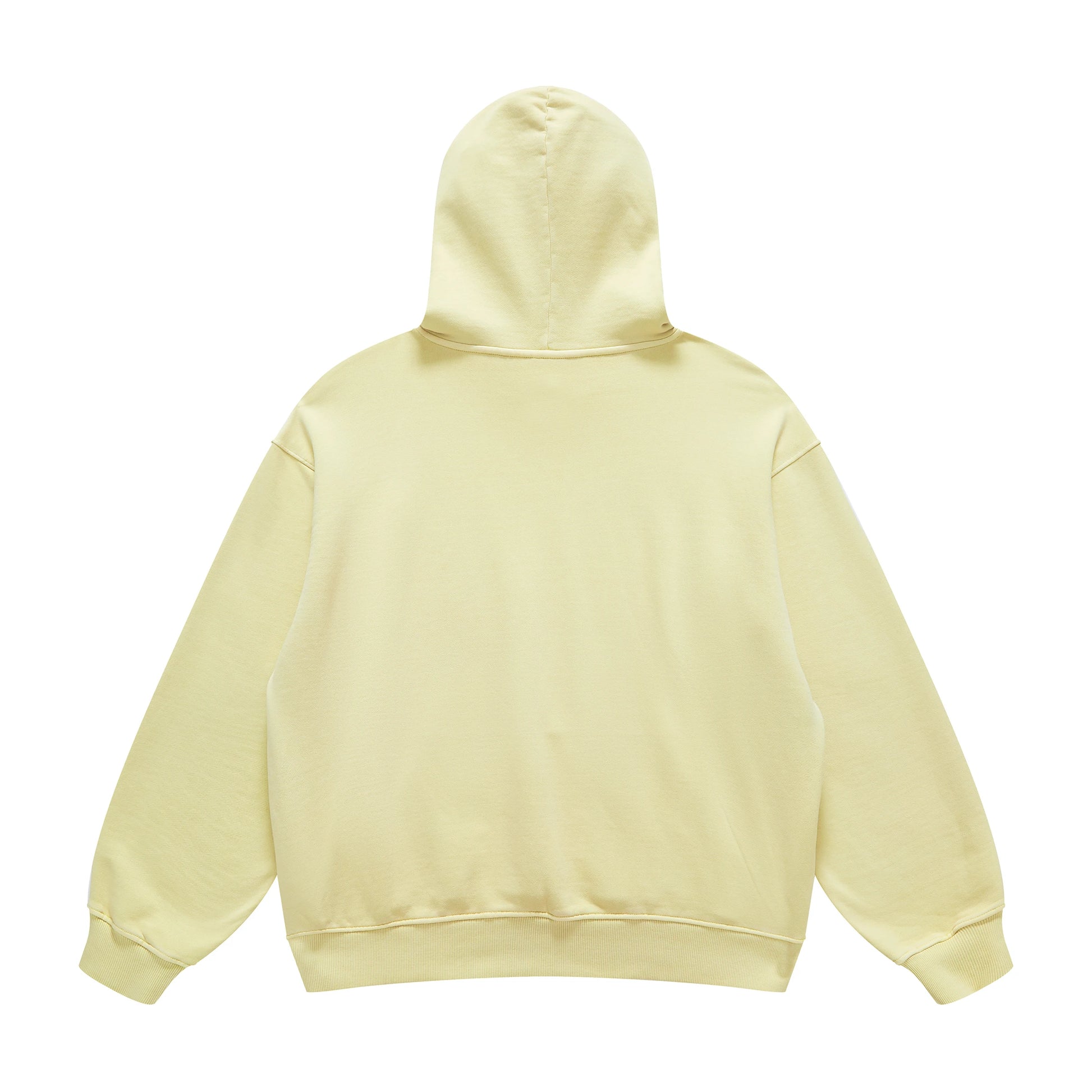 The reverse side of the Asia Shirt Retro washed out Hoodie mit Geisha Engel print by PODpartner showcases a simple, light yellow urban oversized style. It features long sleeves, a hood, and is crafted from fabric that looks soft and comfortable. Additionally, it has ribbed cuffs and hem. The hoodie is set against a white background for display.