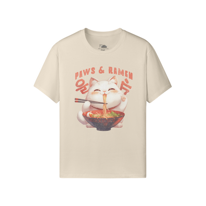 Retro Cats Paws and Ramen T-Shirt / Paws and Ramen Retro Shirt Design / Classic Fit - Crew Neck T-Shirt