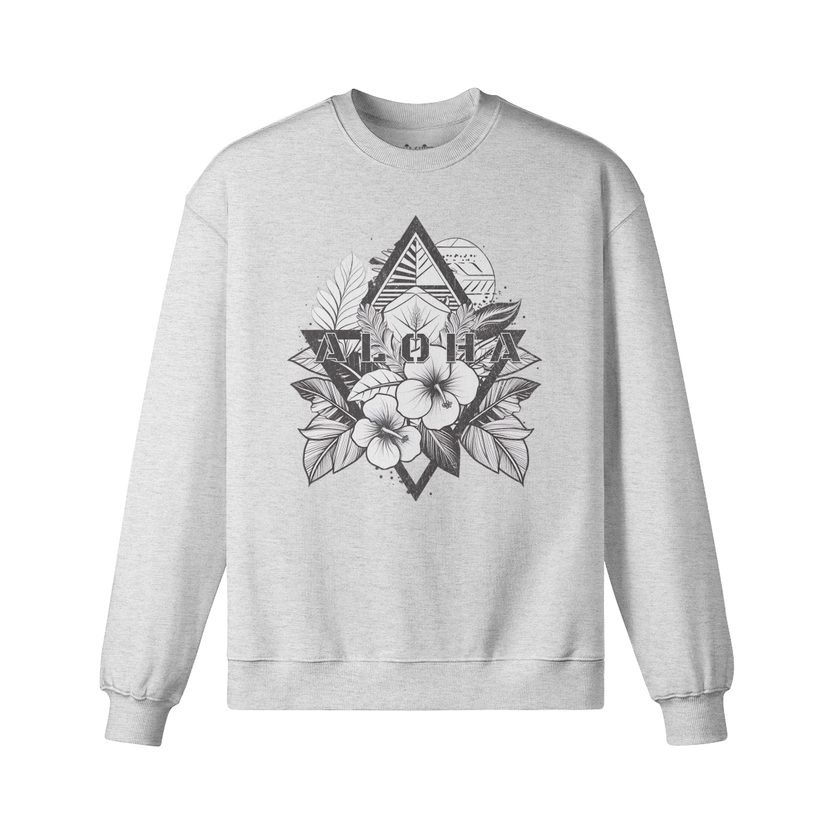 The ALOHA Retro Sweatshirt by PODpartner is a unisex heavyweight oversized sweatshirt in gray, made from 100% cotton. It showcases a graphic design with the word "ALOHA," surrounded by black and white tropical leaves, geometric shapes, and hibiscus flowers.