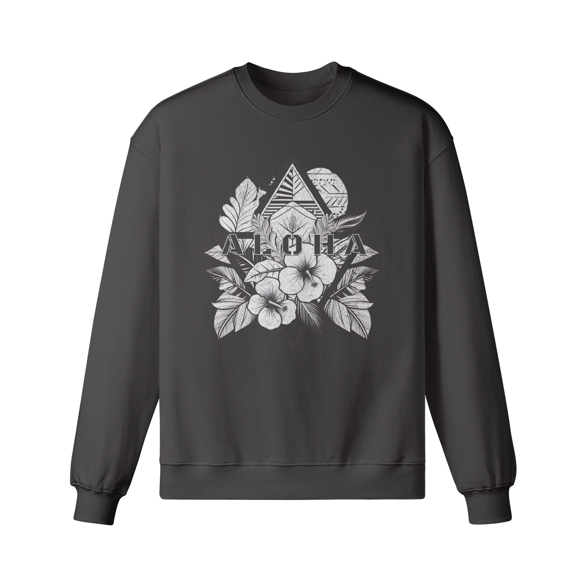 Rewrite: The ALOHA Retro Sweatshirt from PODpartner is a unisex heavyweight oversized sweatshirt made of 100% cotton and features a prominent white graphic design with tropical flowers, leaves, and a bold geometric shape on black fabric. The word "ALOHA" is boldly displayed at the center, offering both style and comfort in one trendy piece.