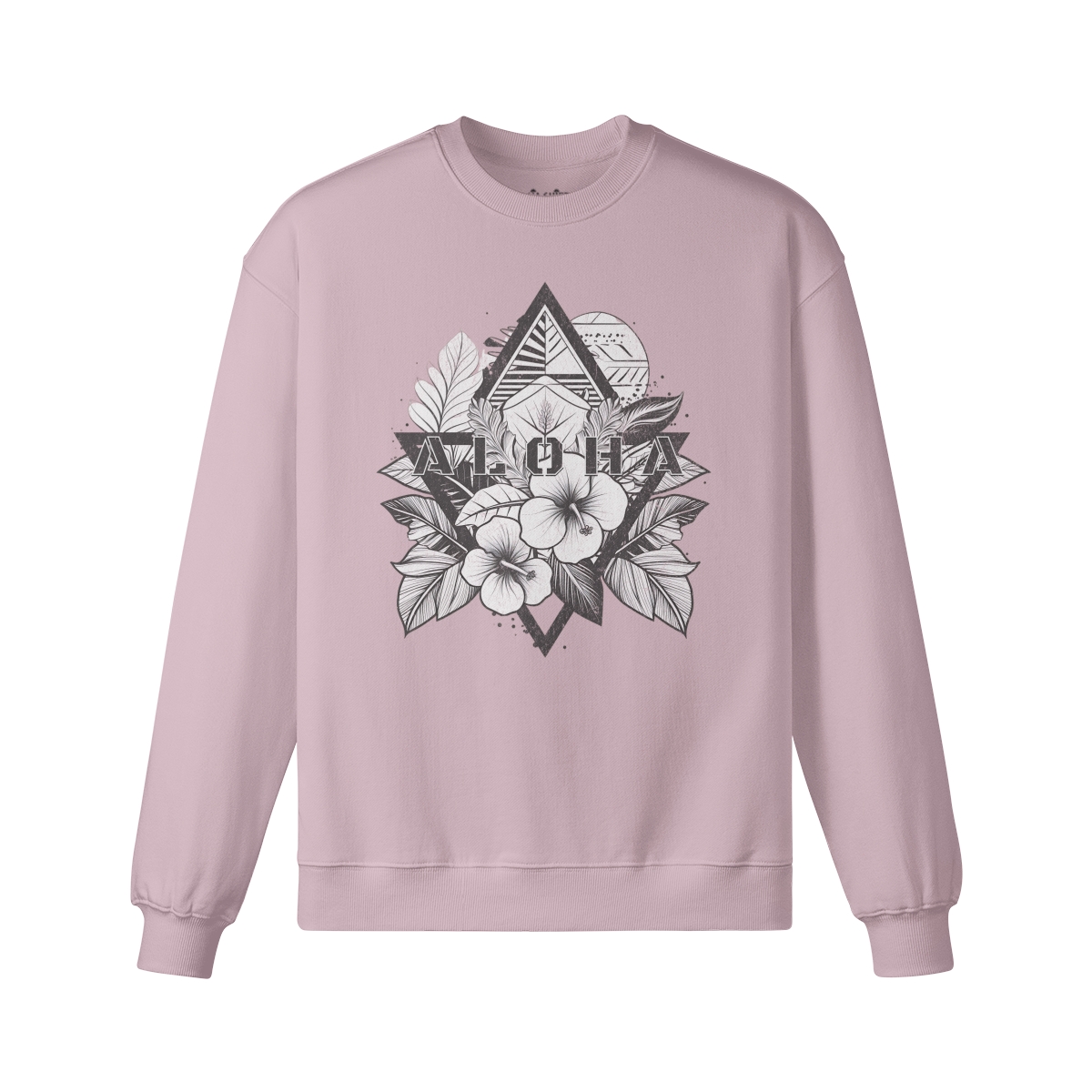 The ALOHA Retro Sweatshirt by PODpartner is a unisex heavyweight oversized sweatshirt made from 100% cotton. It features a pink color with a black and white graphic design of the word "Aloha," accented by hibiscus flowers, geometric shapes, and tropical leaves. This piece perfectly combines comfort and style.