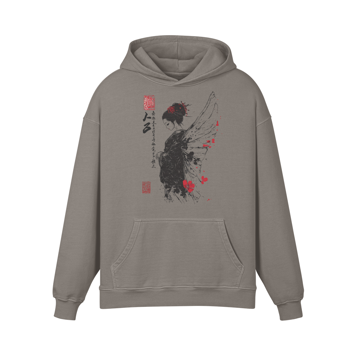 Asia Shirt Retro washed out Hoodie mit Geisha Engel print