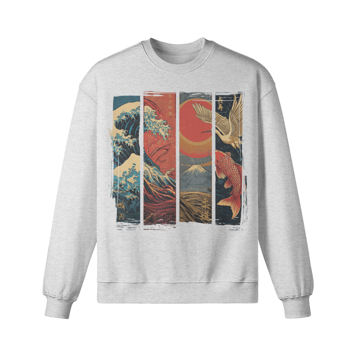 Red Sun Edition – Oversized Sweatshirt „Welle, Fuji, Kranich & Koi“ – Sage Green – Japan Art – Ansicht 5