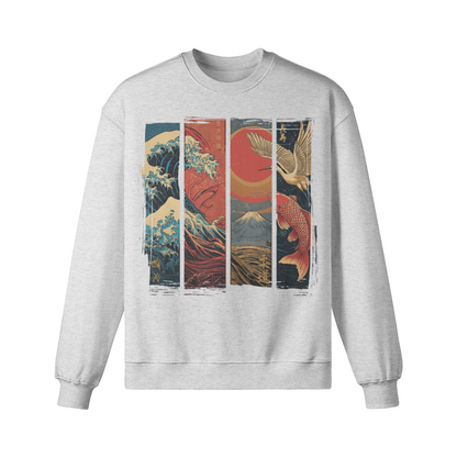 Red Sun Edition – Oversized Sweatshirt „Welle, Fuji, Kranich & Koi“ – Sage Green – Japan Art – Ansicht 5