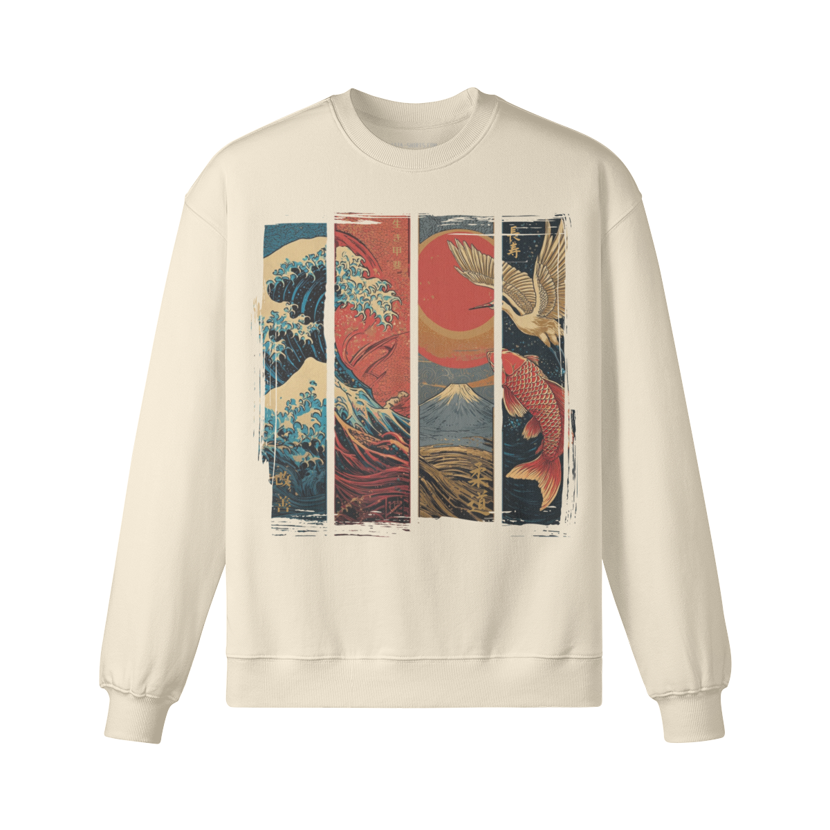 Red Sun Edition – Oversized Sweatshirt „Welle, Fuji, Kranich & Koi“ – White – Japan Art – Ansicht 9